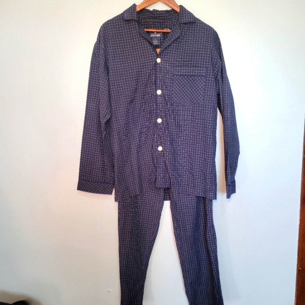 Stafford Mens Plaid Sleepwear Set Size S Pajamas Blue Long Sleeve Pants Bottom - Picture 1 of 13